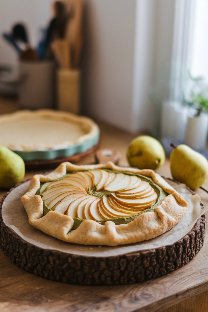 An indoor rustic pie board with a free-form galette showing fanned pear slices on green matcha almond cream, no text or logos. Photo only.