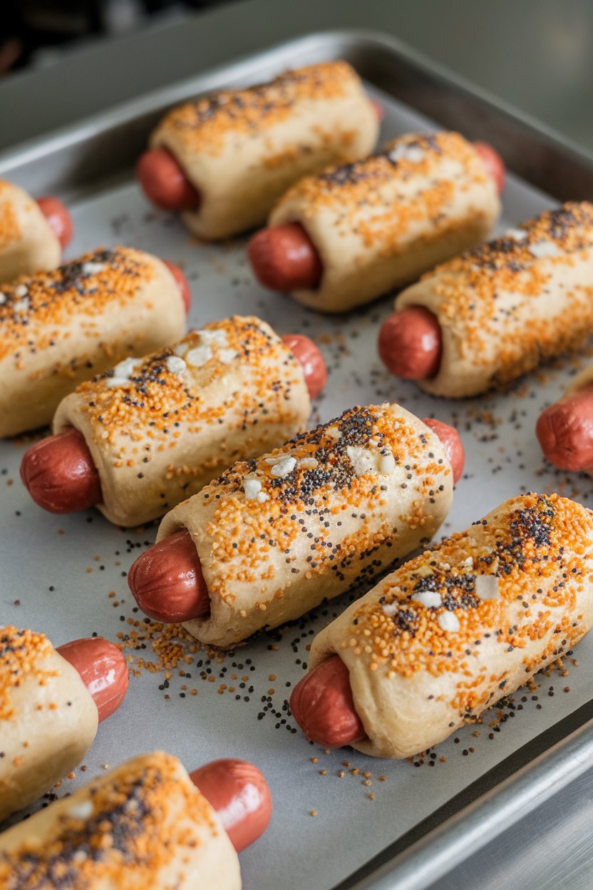 Indoor photo of mini hot dogs wrapped in dough and sprinkled with everything bagel seasoning on a baking tray. No text or logos present.