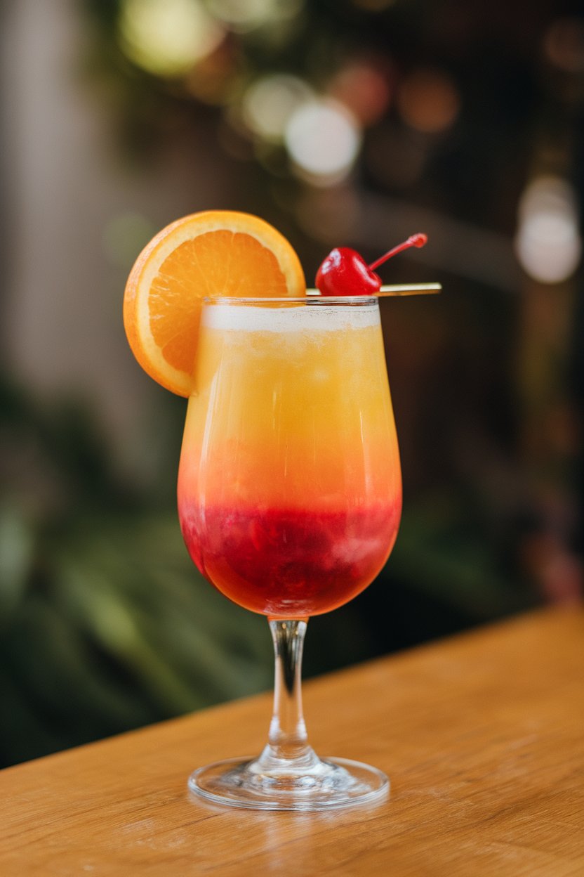 A clear Collins glass indoors, vibrant gradient from orange to red in a Tequila Sunrise, orange slice and cherry garnish, no text or logos. Photo only.