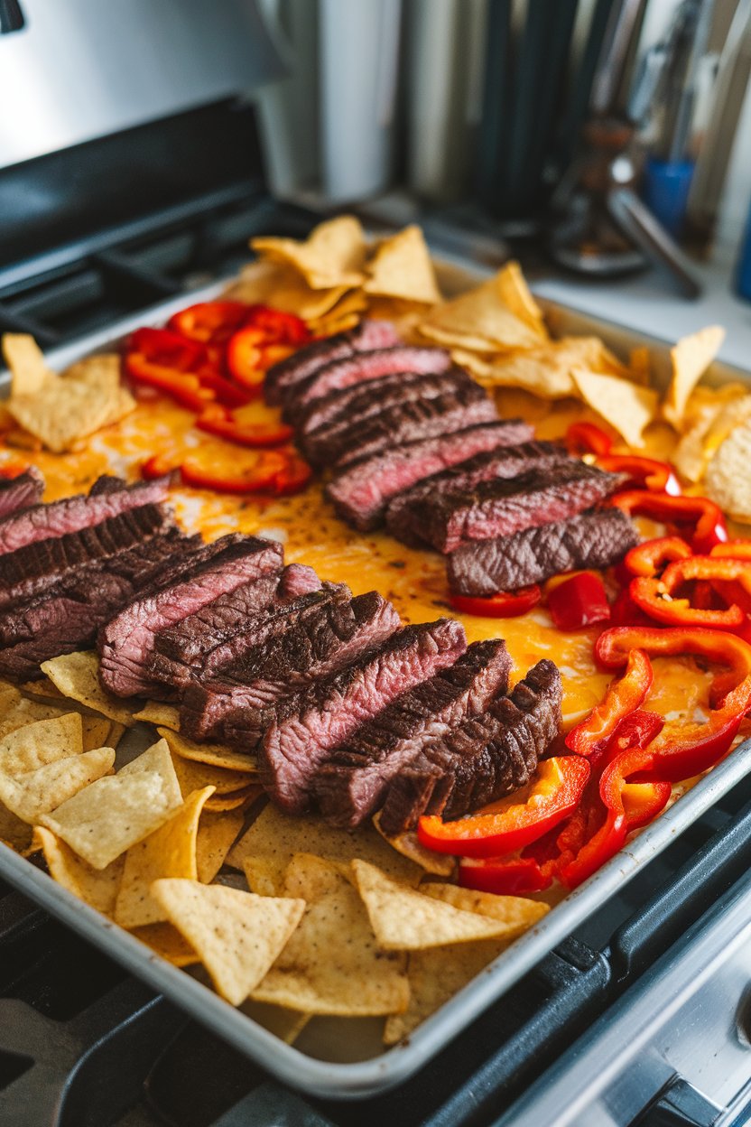 A sheet pan on an indoor stovetop covered with tortilla chips, seared steak strips, sautéed bell peppers, and melted pepper Jack cheese. No text or logos present.