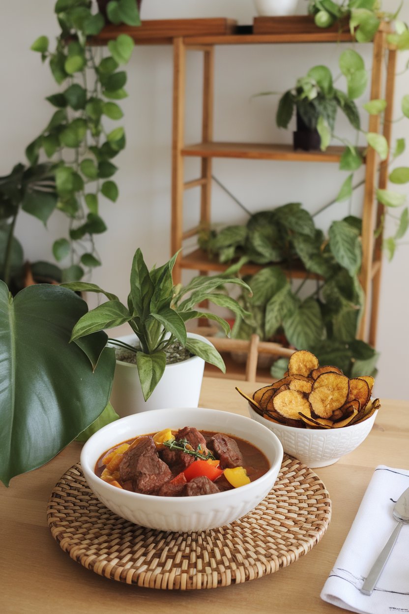 Indoor tropical-inspired table with a bowl of beef stew spiced with allspice, bell peppers, and thyme; plantain chips on the side. No text or logos. Photo.