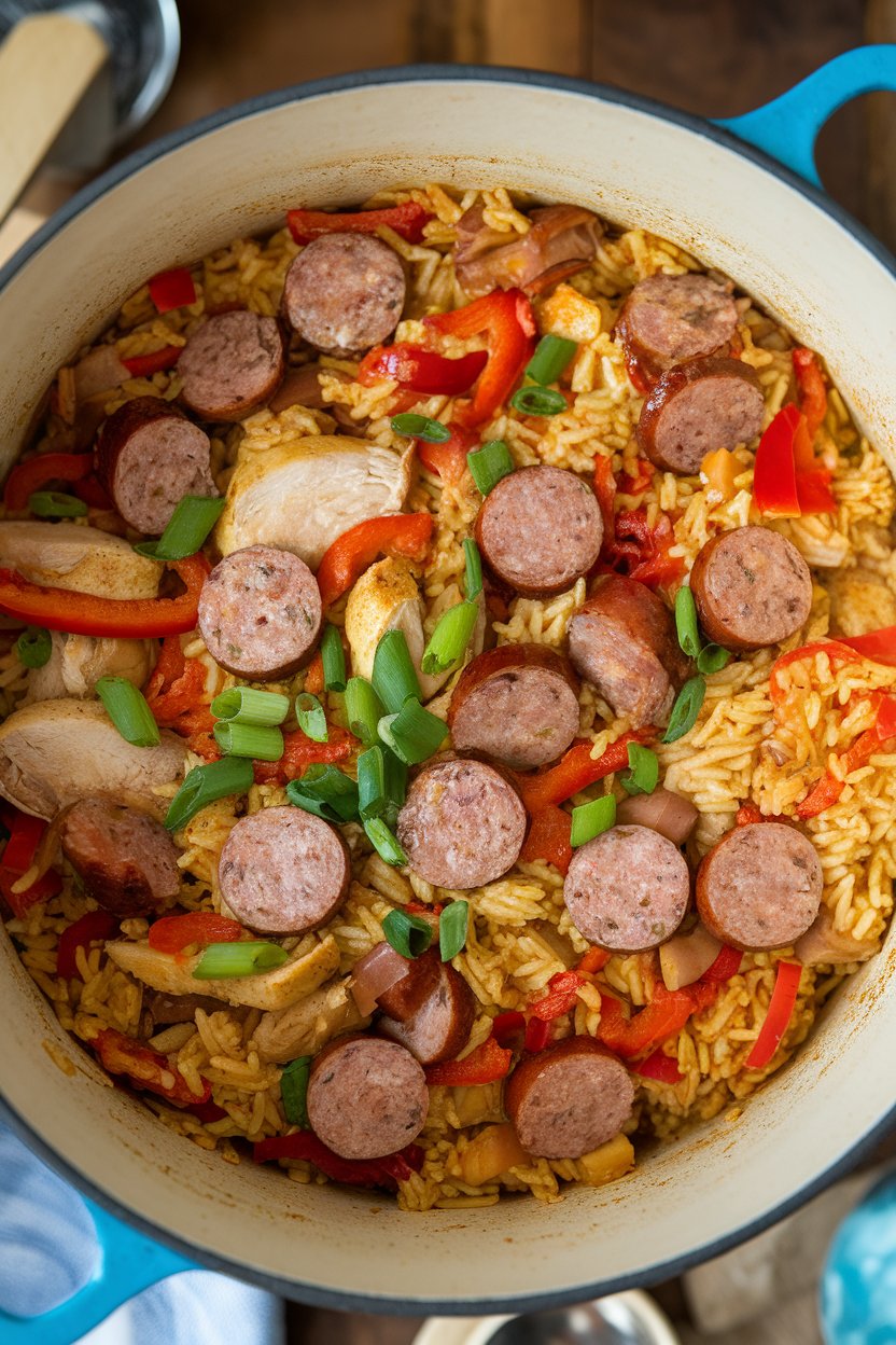 Overhead shot indoors of a Dutch oven filled with colorful jambalaya—rice studded with sausage slices, chicken, and sautéed peppers. Photo, no text or logos.