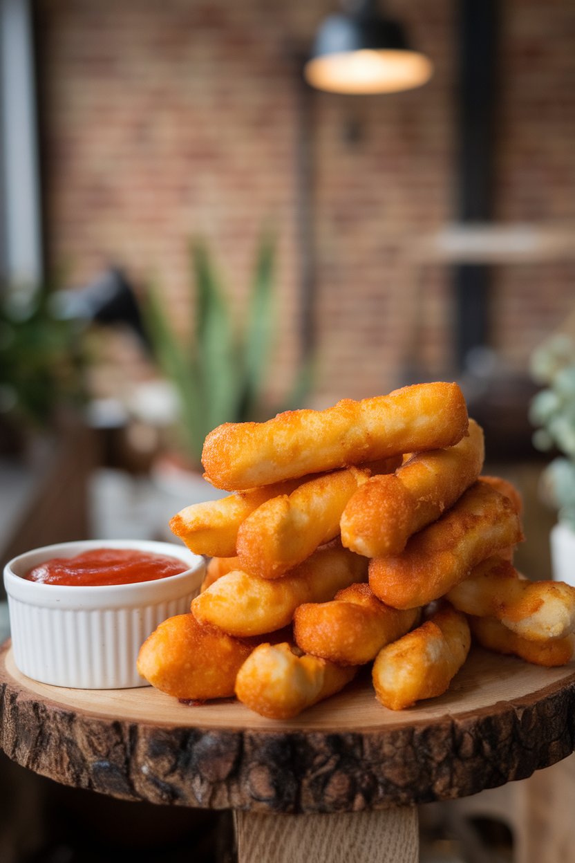 An indoor platter stacked high with golden-brown mozzarella sticks, marinara sauce in a small white ramekin beside them—no text or logos. Photo, not illustration.