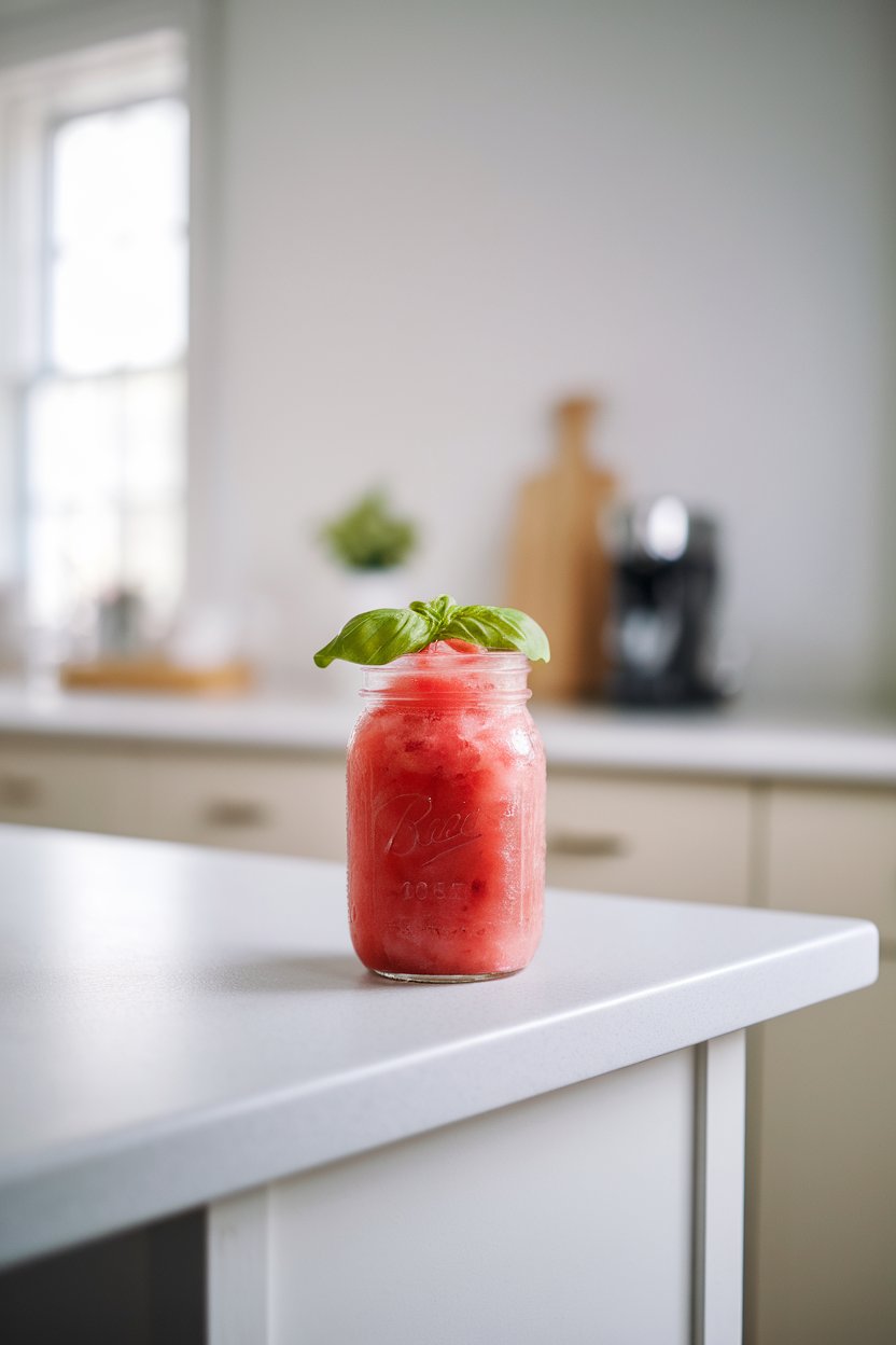 A brightly lit indoor kitchen island holding a frosty mason jar filled with blended watermelon slush, topped with a fresh basil leaf. No logos or text. Photo only.
