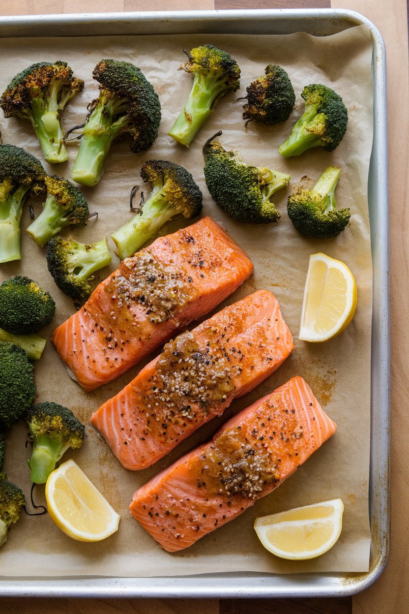 Indoor photo of sesame-ginger glazed salmon fillets, roasted baby broccoli (broccolini), and lemon wedges on a parchment-lined sheet pan; no text or logos