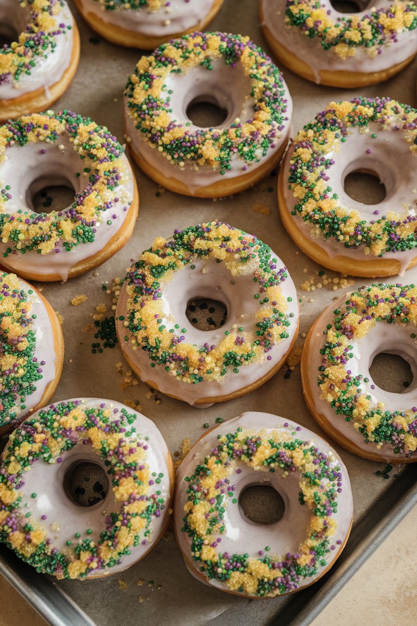 Photo indoors of baked doughnuts coated in glaze and Mardi Gras sugars; no text or logos.