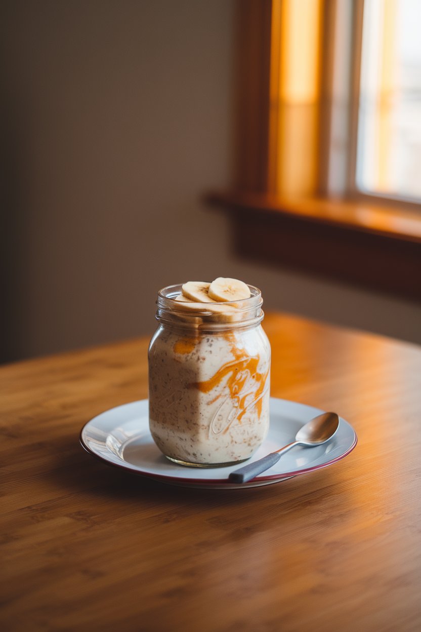 An indoor wooden table holding a mason jar of creamy overnight oats swirled with peanut butter and topped with banana slices. Warm morning light from a nearby window, no text or logos in view. Photo, not illustration.