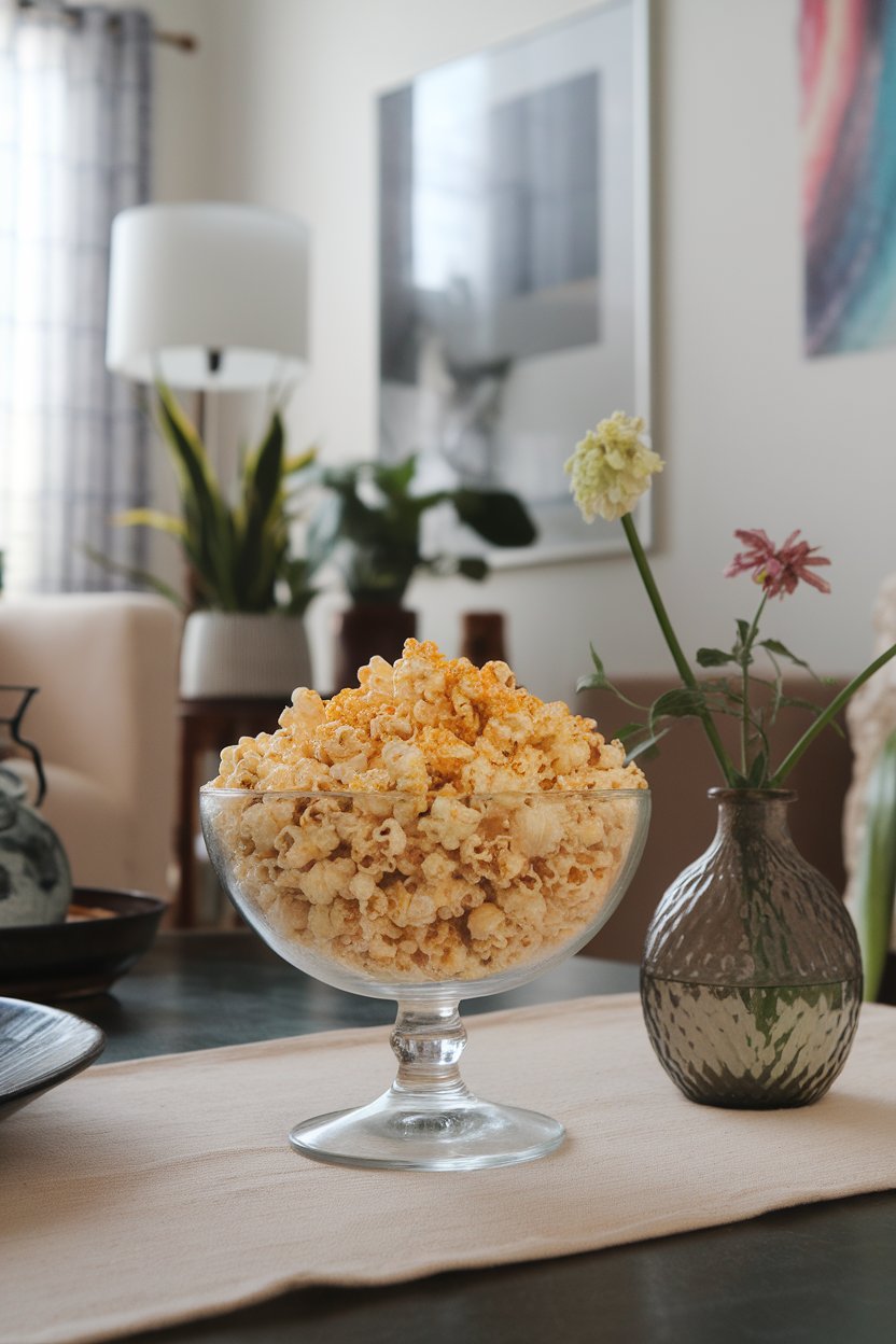 Photo of a glass bowl of fluffy popcorn dusted with golden nutritional yeast, resting on a coffee table indoors. No text or logos.