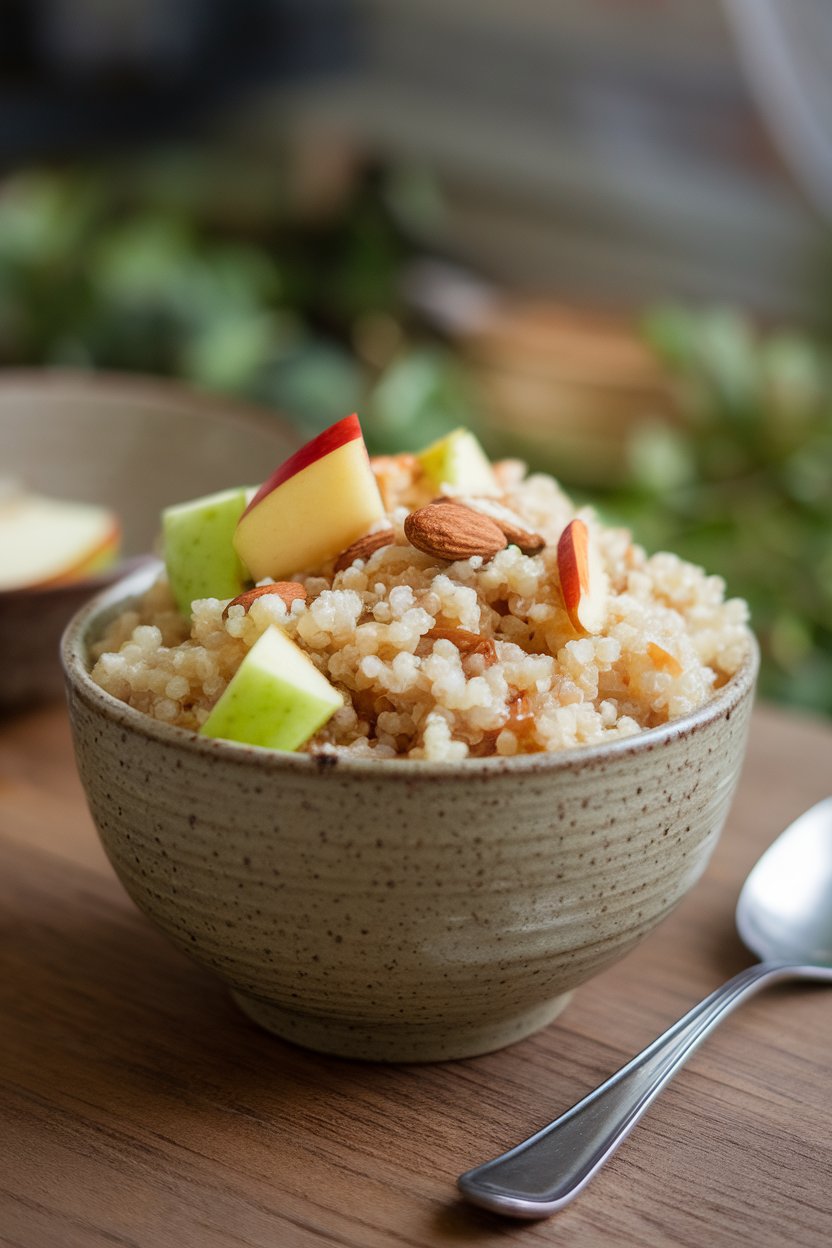 An indoor ceramic bowl holding chilled quinoa mixed with diced apples, almonds, and a splash of almond milk, spoon resting beside. No text or logos. Photo, not illustration.