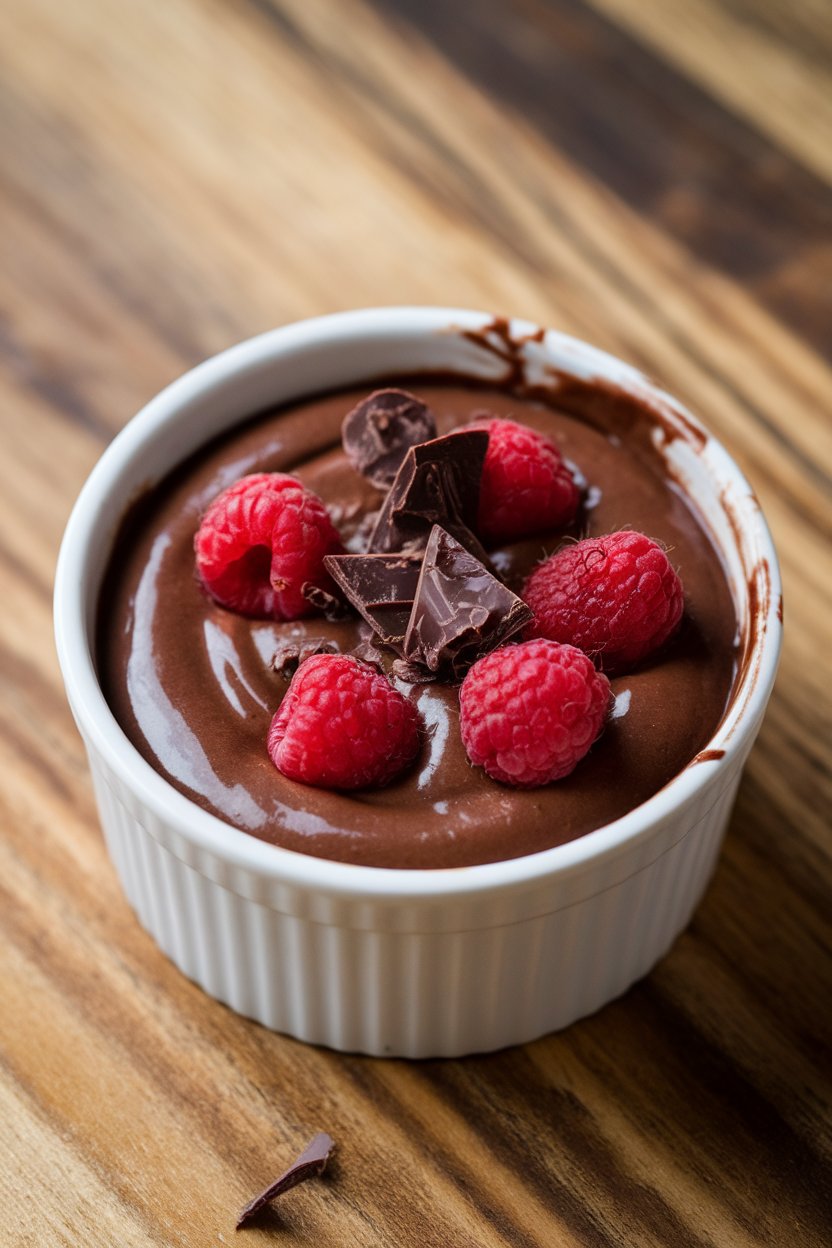 An indoor ramekin of thick chocolate yogurt pudding topped with shaved dark chocolate and raspberries. No text or logos. Photo, not illustration.