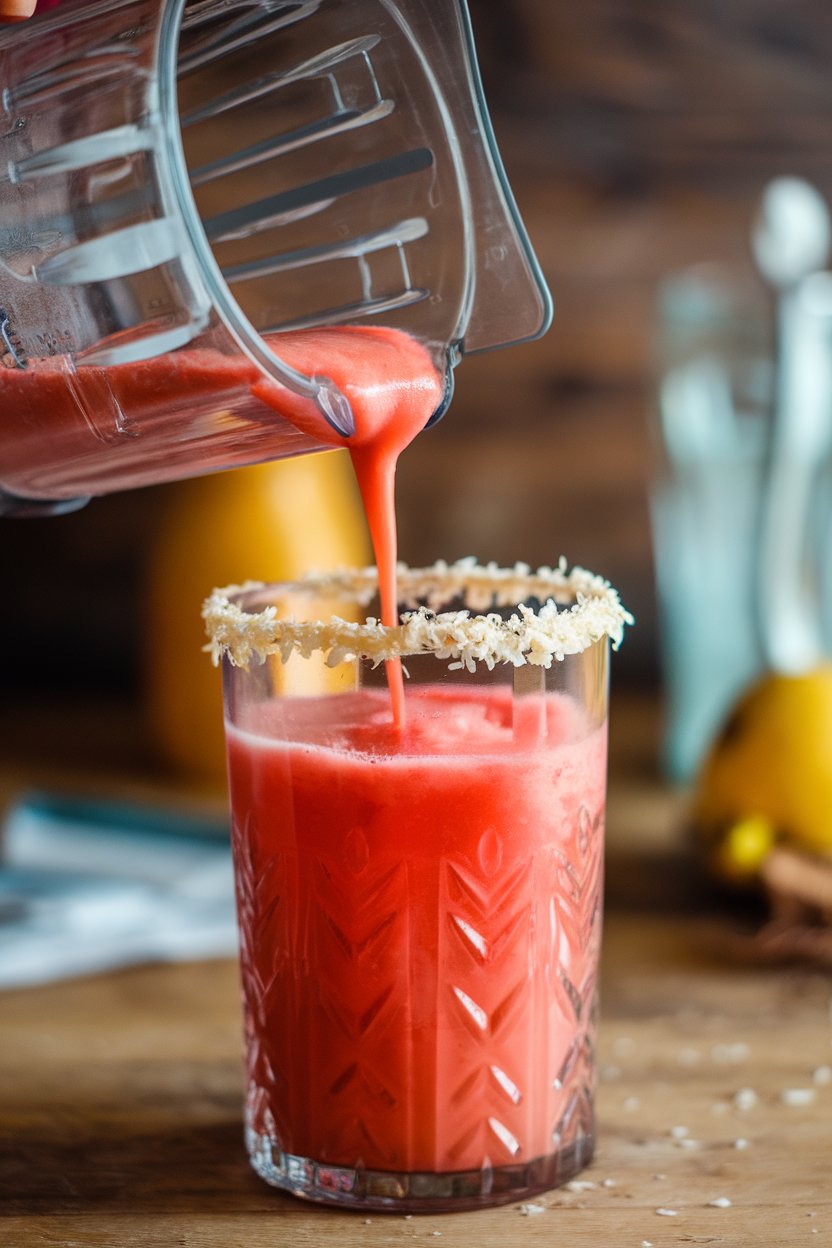 Indoor blender pouring bright red slush into hurricane glass, coconut flakes on rim, no logos.
