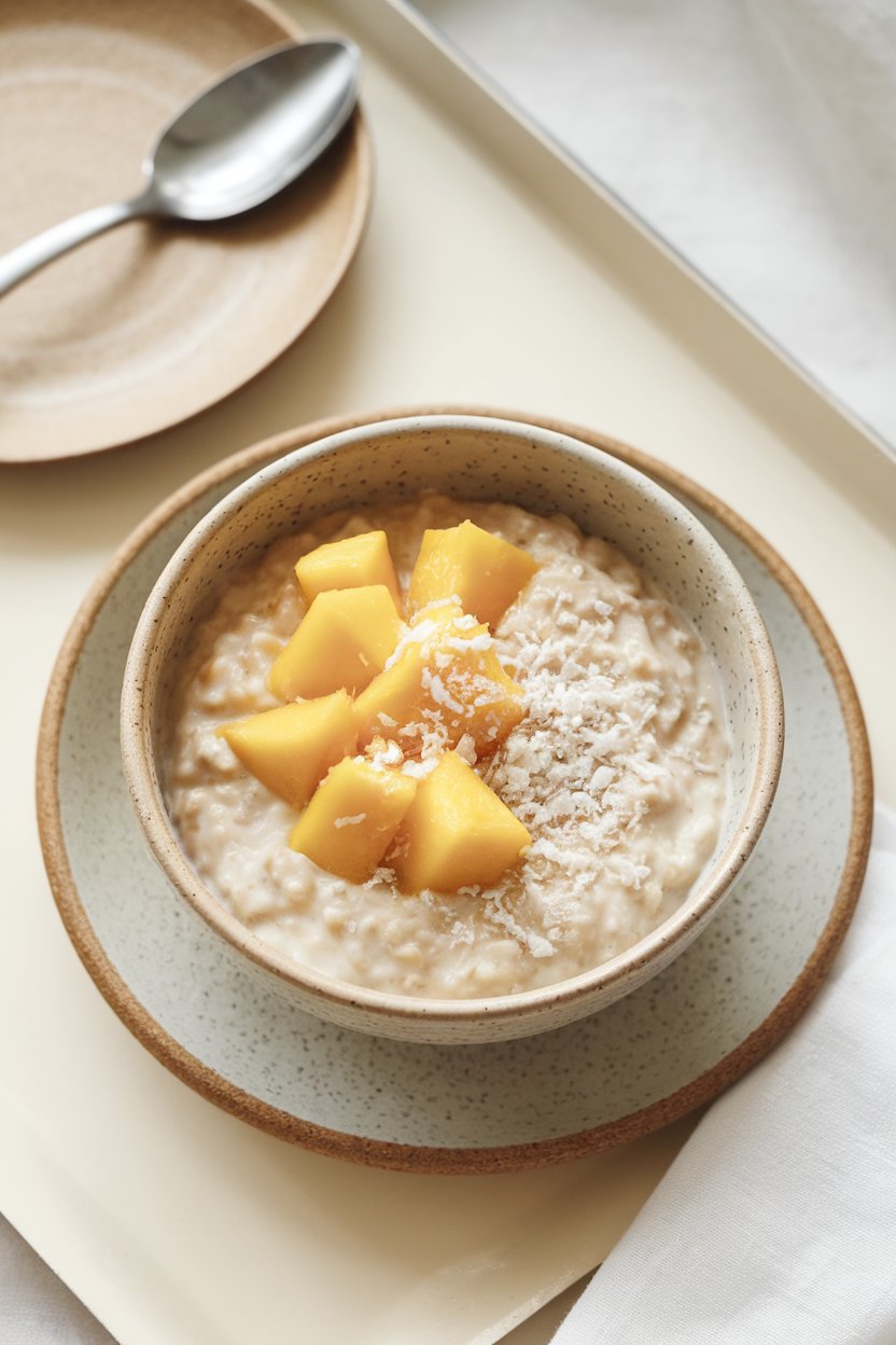 Indoor photo of a ceramic bowl of creamy steel-cut oats topped with diced mango and a sprinkle of shredded coconut on a breakfast tray. No text or logos.