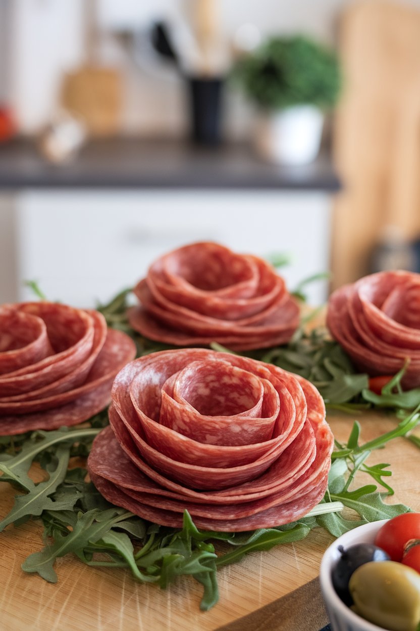Thin rounds of Genoa salami folded into overlapping rose-petal shapes on a wooden board indoors. Photo, no text or logos.