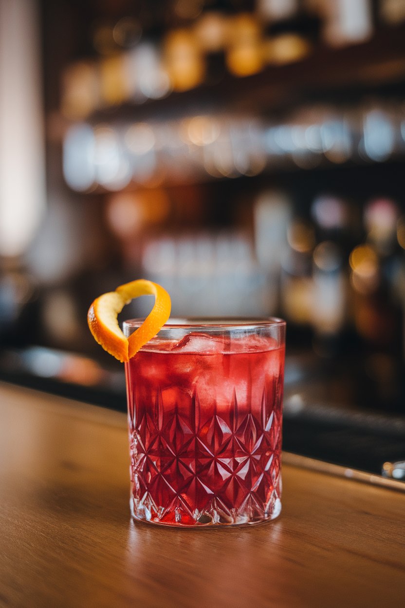 An indoor bar close-up of a crystal tumbler with ruby-red Negroni and an orange peel shaped like a heart; photo, not illustration; no text or logos.
