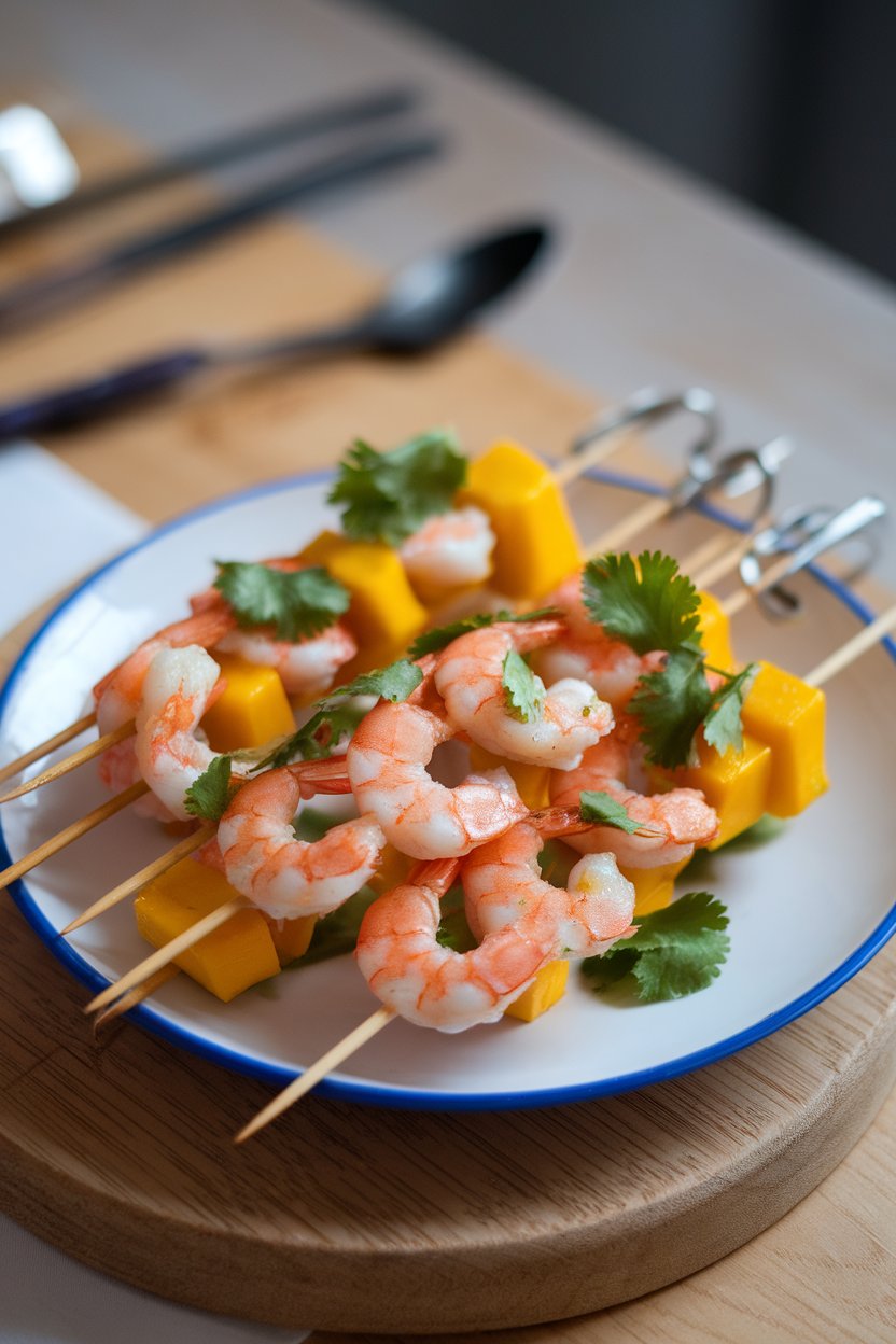 An indoor plate with cooked shrimp and mango cubes threaded on skewers, lightly charred, garnished with cilantro. No text or branding present.
