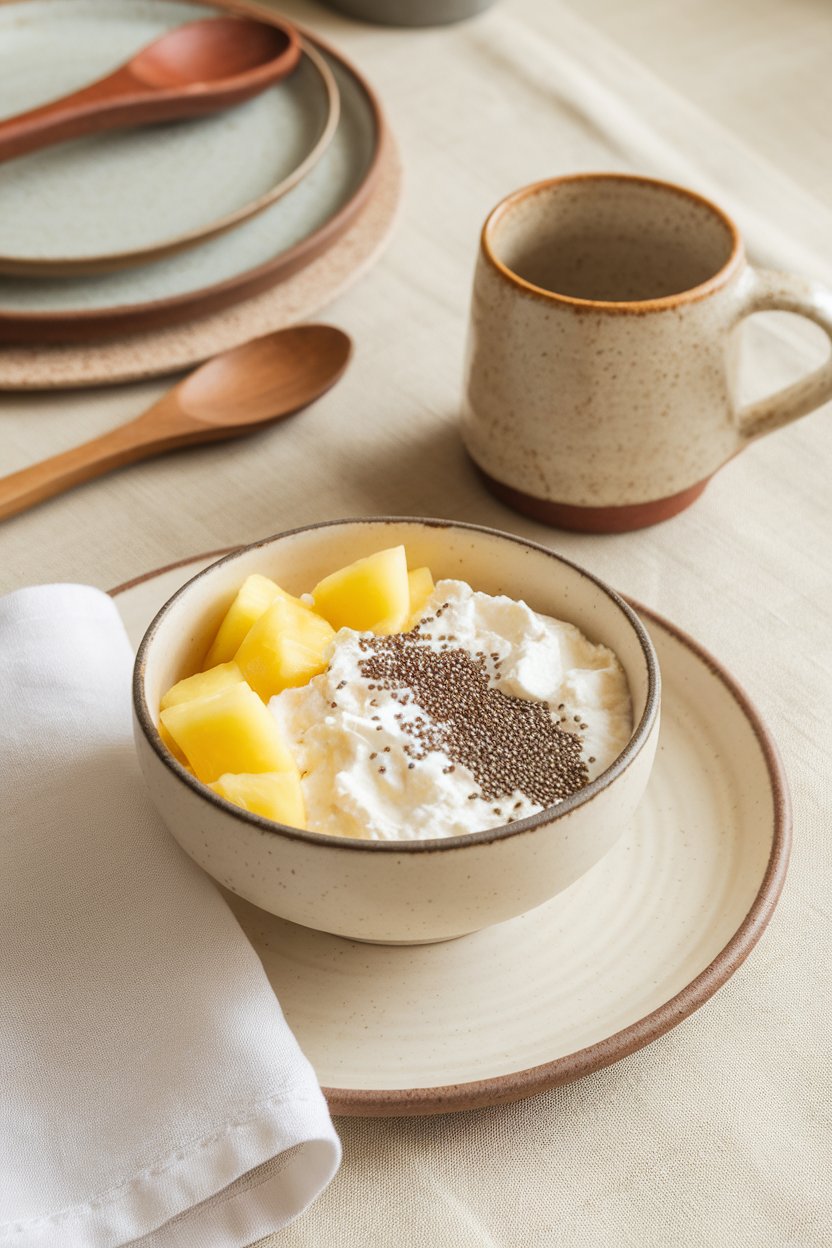 A neatly set indoor breakfast table showing a white bowl filled with low-fat cottage cheese, pineapple chunks, and a sprinkle of chia seeds. No text or logos anywhere. Photo, not illustration.