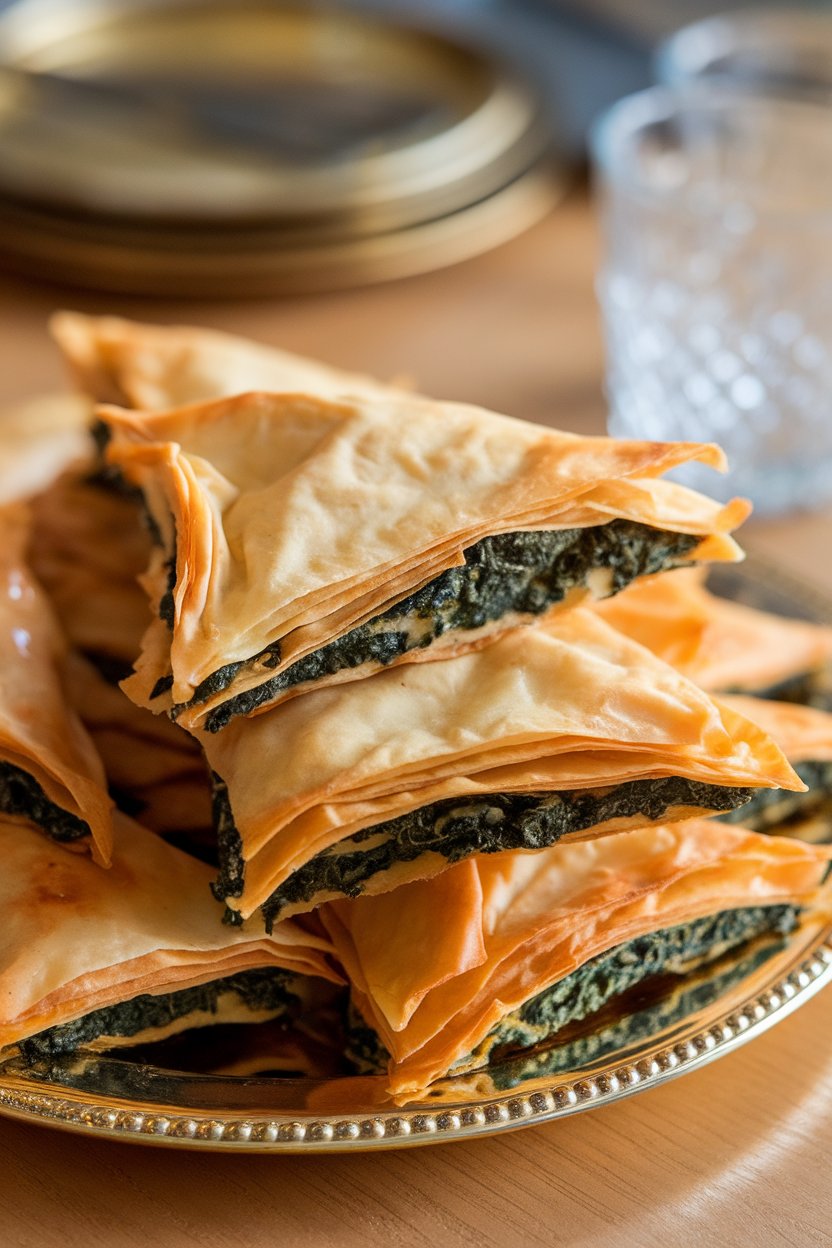 An indoor platter stacked with golden phyllo spinach-feta triangles, flaky layers clearly visible. No text or logos. Photograph only.
