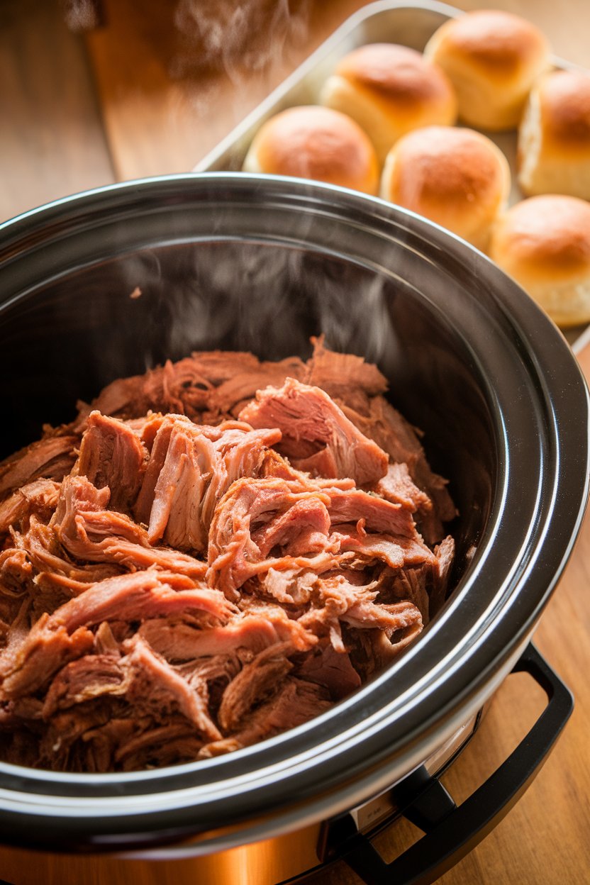 Indoor photo of a slow cooker filled with shredded barbecue pork, with steam rising and slider buns stacked on a nearby tray; no text or logos