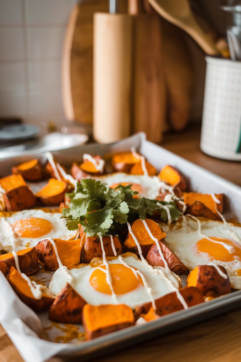 Indoor kitchen photo of a sheet pan loaded with curry-spiced roasted sweet potatoes, baked eggs, and a drizzle of coconut milk, cilantro garnish. No text or logos.