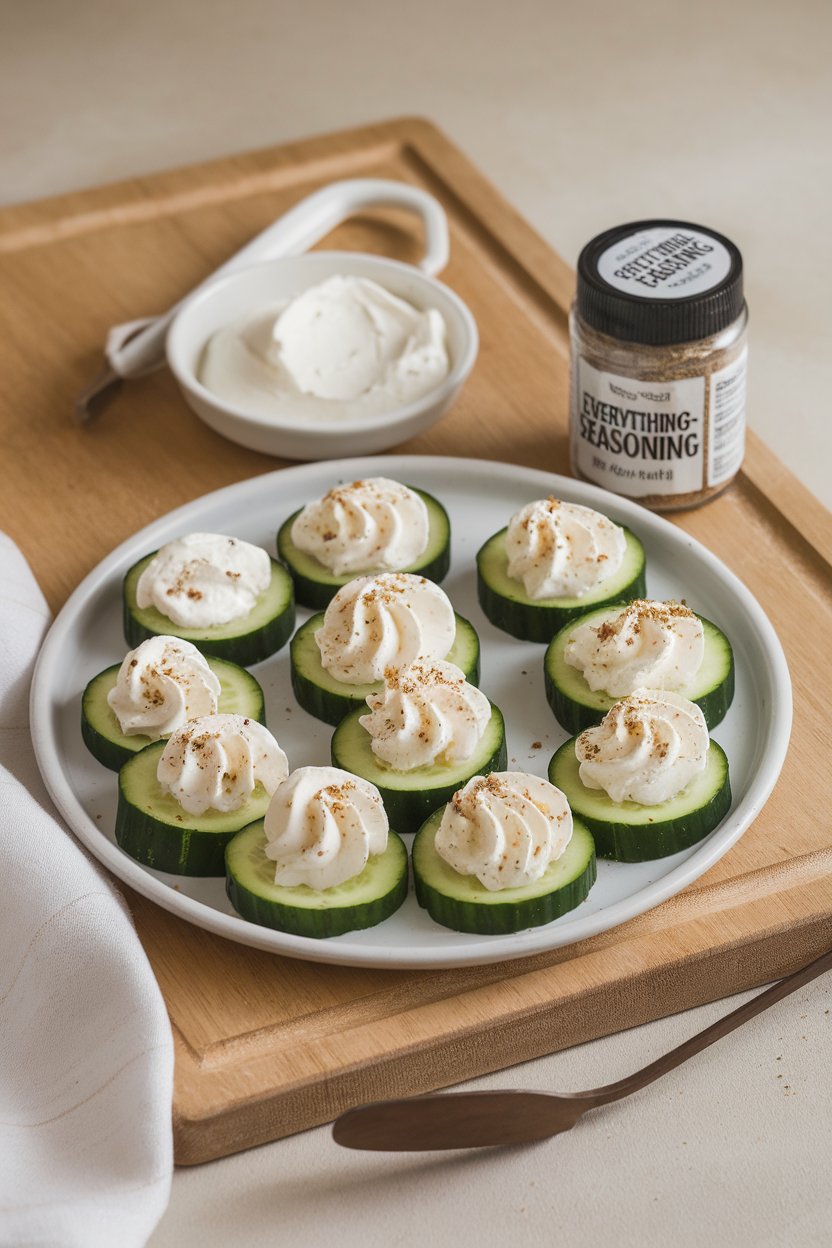 An indoor snack tray with cucumber rounds topped with whipped cream cheese and everything-bagel seasoning; neutral background, no text or logos.