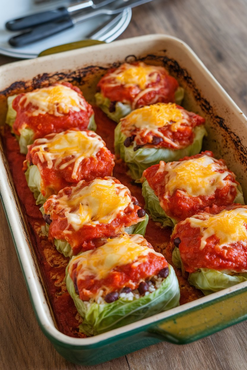 An indoor baking dish of tomato-sauced cabbage rolls filled with rice and black beans, cheese lightly melted. No text or logos.