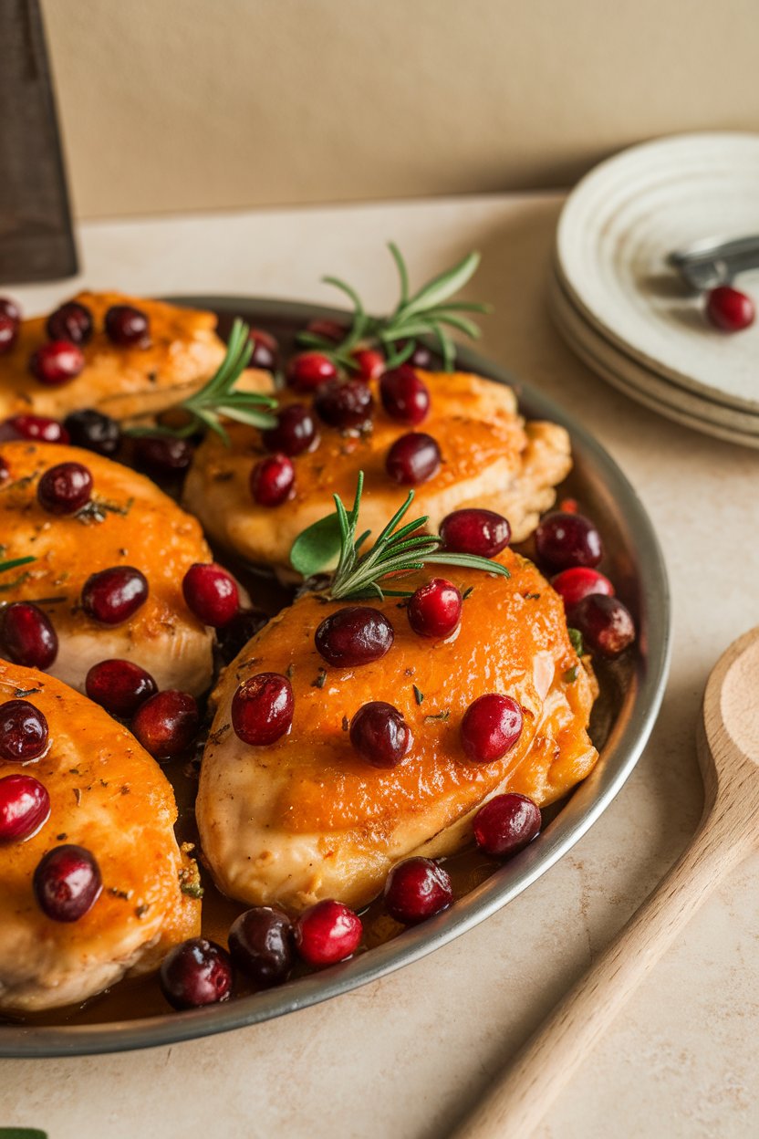 Indoor platter of orange-glazed chicken breasts garnished with whole cranberries and rosemary. No logos.