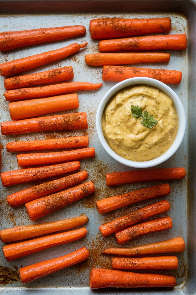 Photo of roasted carrot sticks dusted with spices, alongside a bowl of curry yogurt dip, shot on an indoor sheet pan. No text or logos.