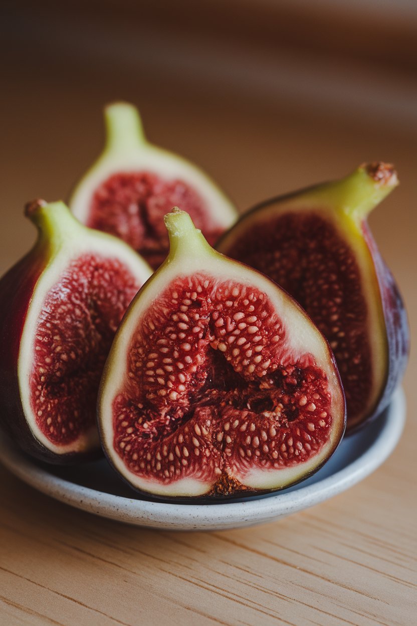 Indoor close-up of ripe figs cut lengthwise, vibrant interiors showing, arranged on a small plate. Photo, no text or logos.
