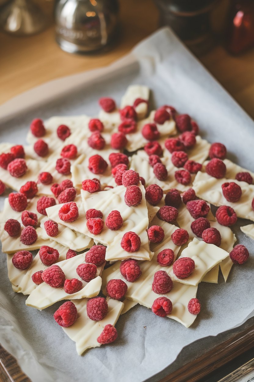 Indoor parchment covered with shards of white chocolate bark studded with freeze-dried raspberries. Photo, no text or logos.