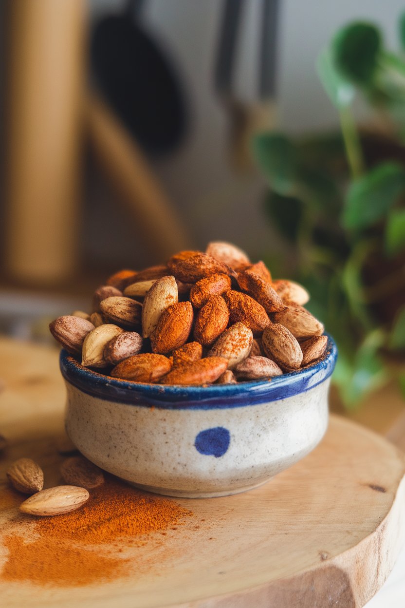 A small indoor ceramic dish of roasted almonds coated in chili powder and cumin; no text or logos.