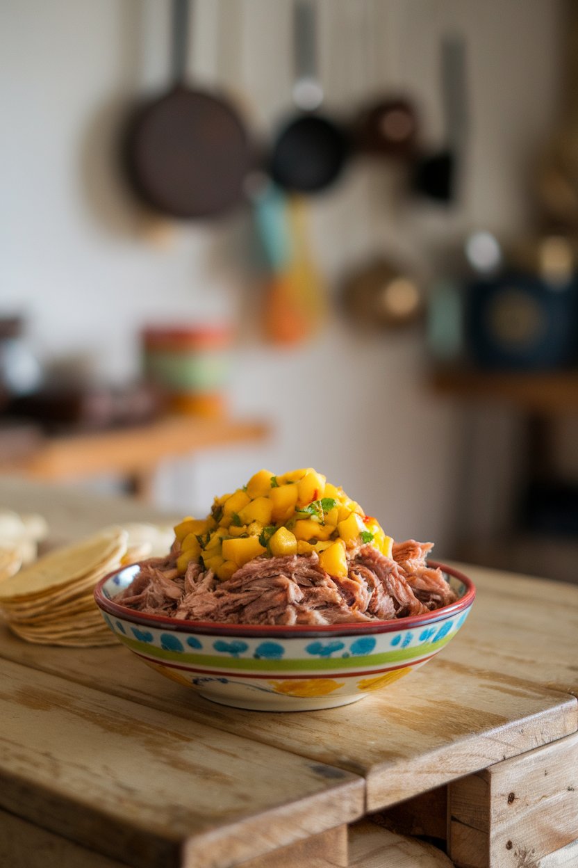 A wooden indoor countertop displaying a bowl of shredded pork topped with bright mango salsa. Small corn tortillas stacked nearby. No text or logos in photo.