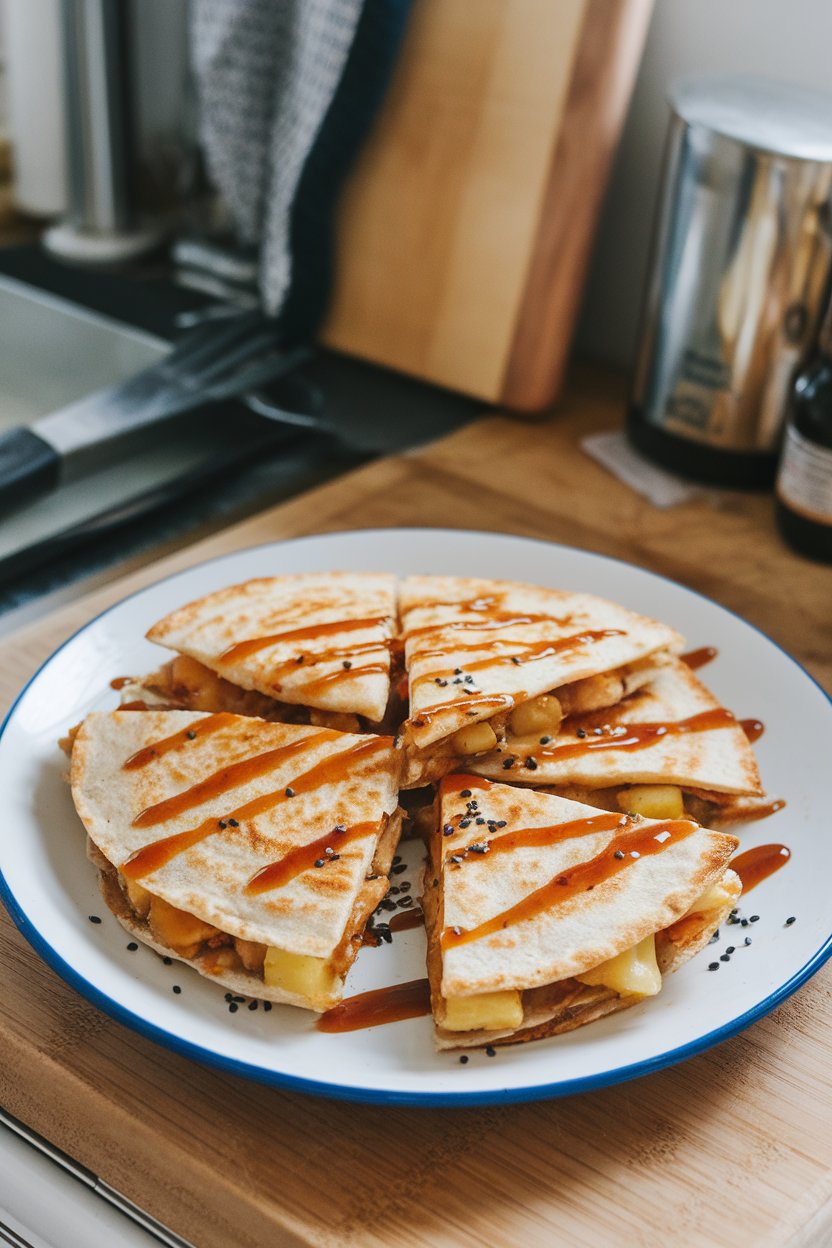 Indoor kitchen counter with teriyaki-glazed chicken and pineapple quesadilla wedges, glossy sauce visible, no branding.