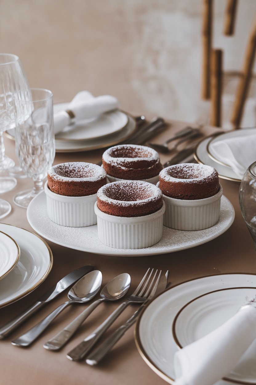 An indoor dining table with individual ramekins of risen chocolate soufflés dusted lightly with powdered sugar. Photo, no text or logos.