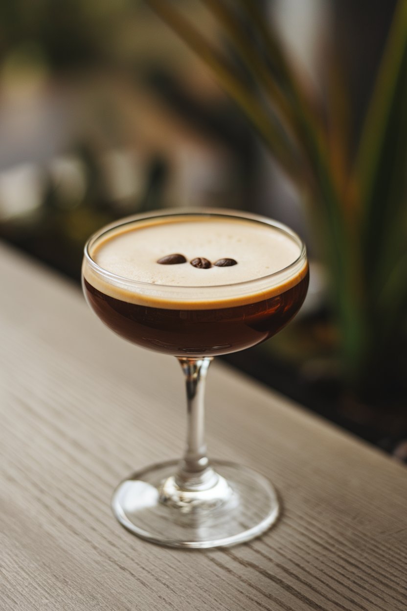 Photo of a coupe glass indoors, filled with dark espresso martini topped with three coffee beans in the foam; no text or logos.