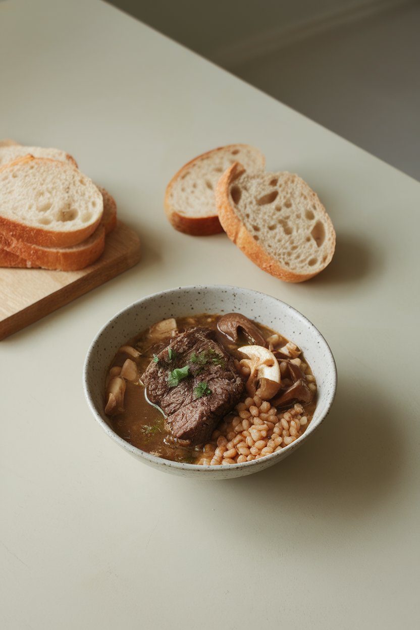 Indoor minimalistic table with a bowl of beef stew dotted with barley, shiitake mushrooms, and a miso-enriched broth. No text or logos. Photo.