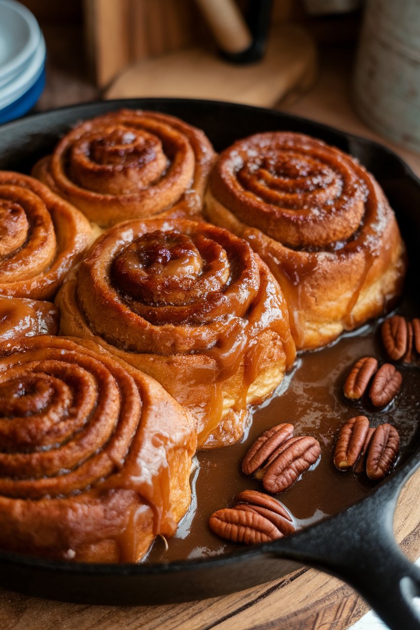 An indoor breakfast scene of gooey sticky buns in a skillet, caramel sauce dripping, pecans glistening. Photo, no text or logos.