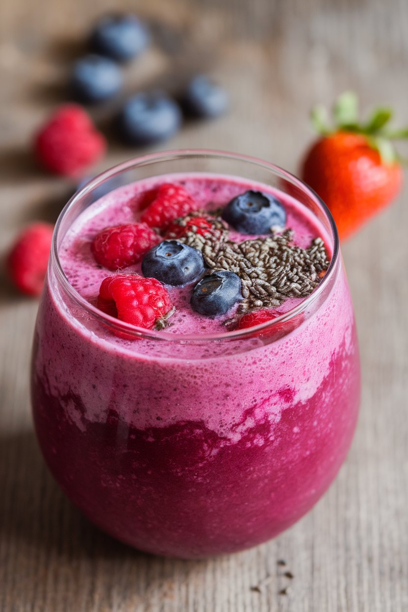 Indoor photo of a vivid magenta beet and berry smoothie in a stemless glass, no text or logos present
