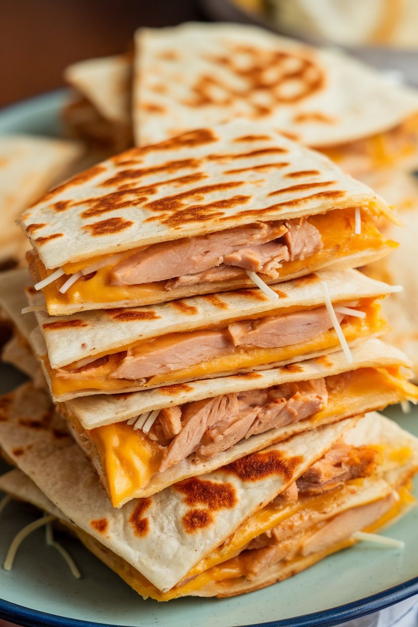 Indoor photo of quartered chicken quesadillas stacked on a plate, cheese strands visible between tortillas; no text or logos.
