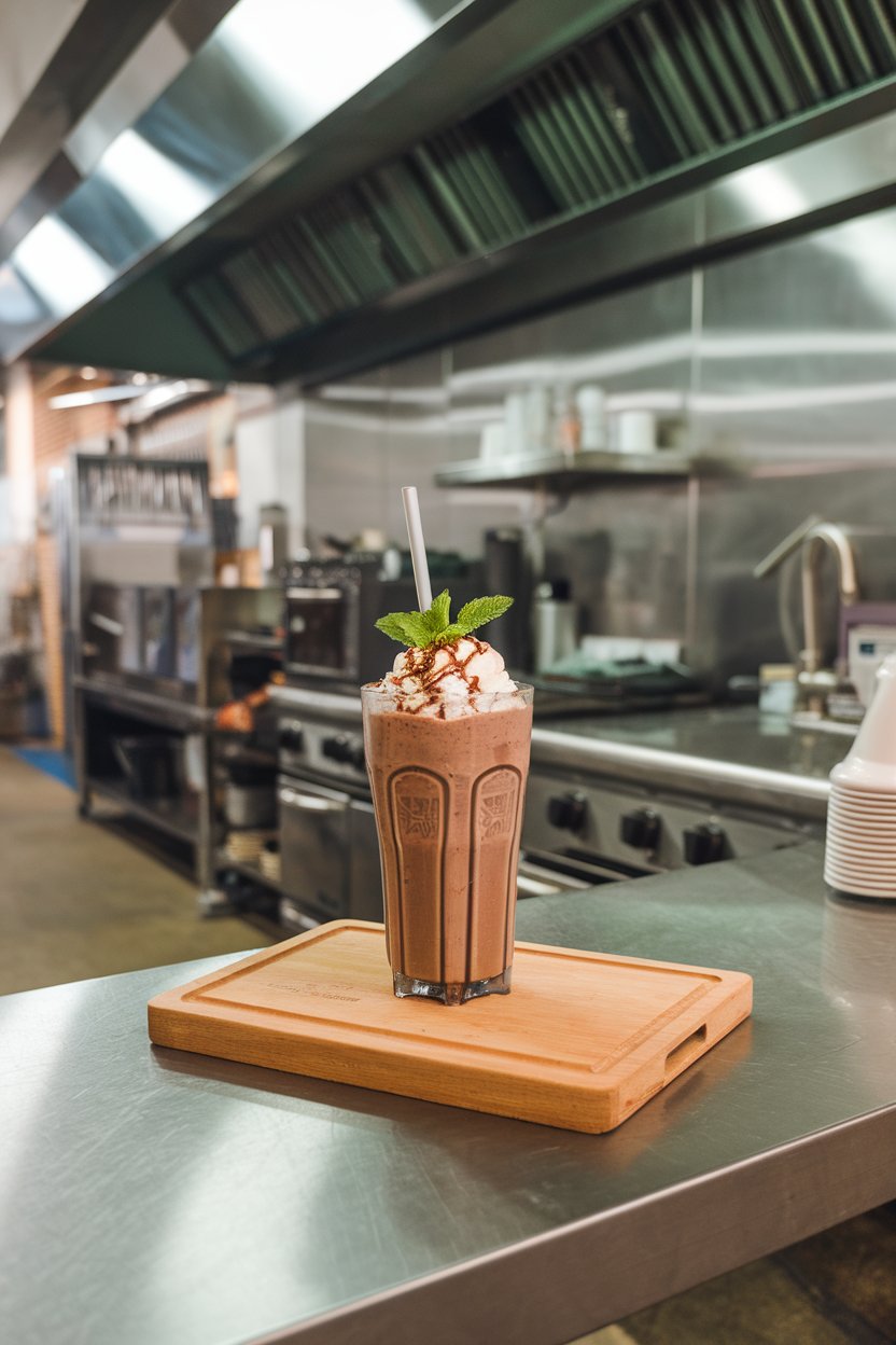 Indoor gym kitchen with blender cup filled with chocolate shake, mint leaf garnish, no logos visible.
