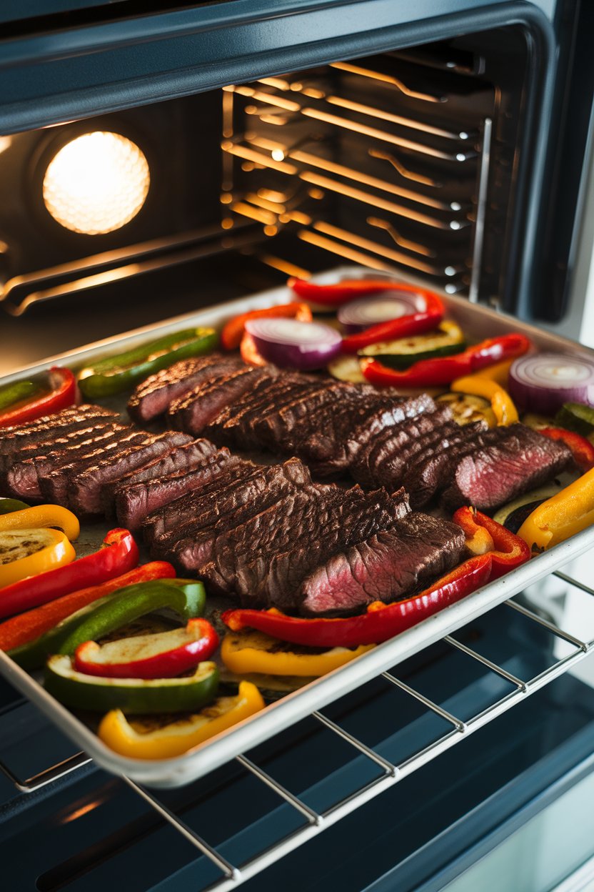 A warmly lit indoor oven rack pulling out a sheet pan loaded with sliced flank steak, colorful bell peppers, zucchini, and red onions. No text or logos visible.