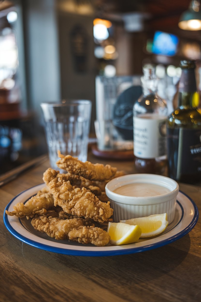 Indoor pub plate with fried alligator nuggets served alongside a ramekin of dipping sauce and lemon wedges. Photo, no text or logos.