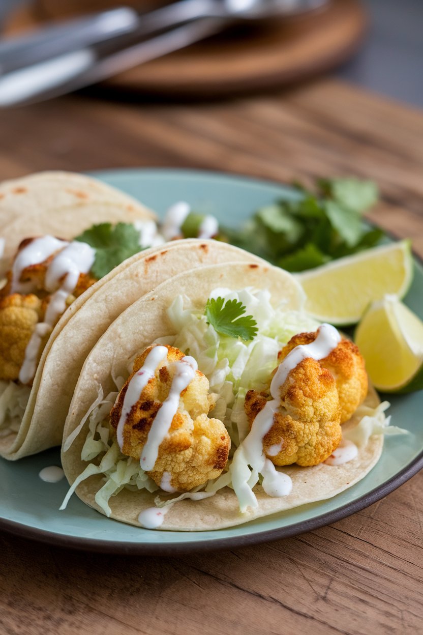 Indoor dining plate of corn tortillas filled with roasted cauliflower florets, shredded cabbage, and a drizzle of Greek yogurt lime crema. No text or logos. Photo only.
