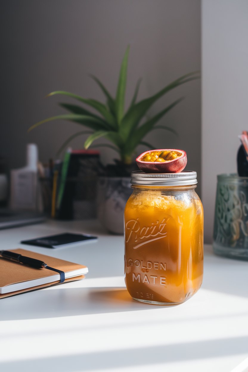 Indoor bright workspace desk with mason jar of golden mate tea, passion fruit pulp visible, no logos or text.