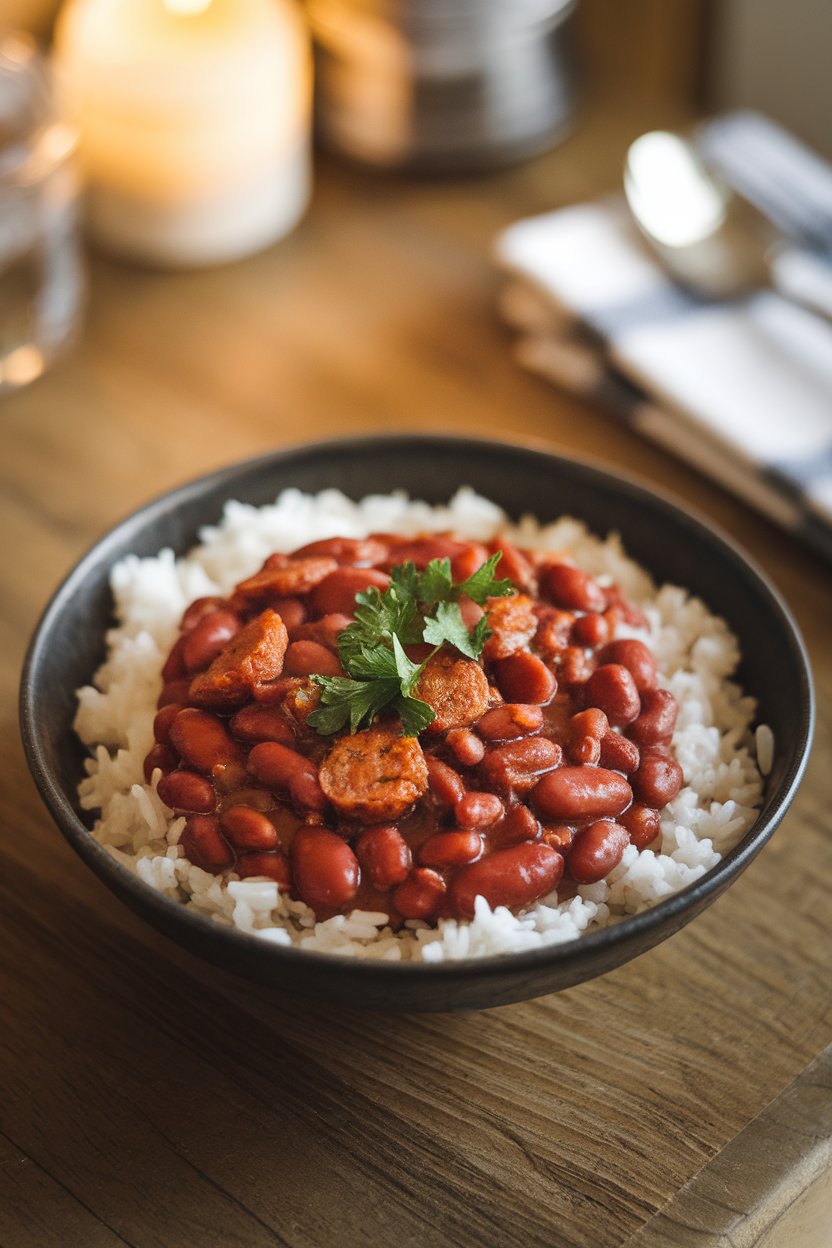 An indoor dining table showing a bowl of red beans studded with sausage served over white rice, parsley sprinkled on top; photo only, no logos or text.