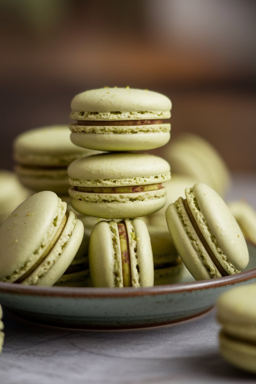 Close-up indoor shot of pale green pistachio macarons stacked neatly on a ceramic plate, delicate “feet” visible on each cookie. Soft diffused lighting, no text or logos.