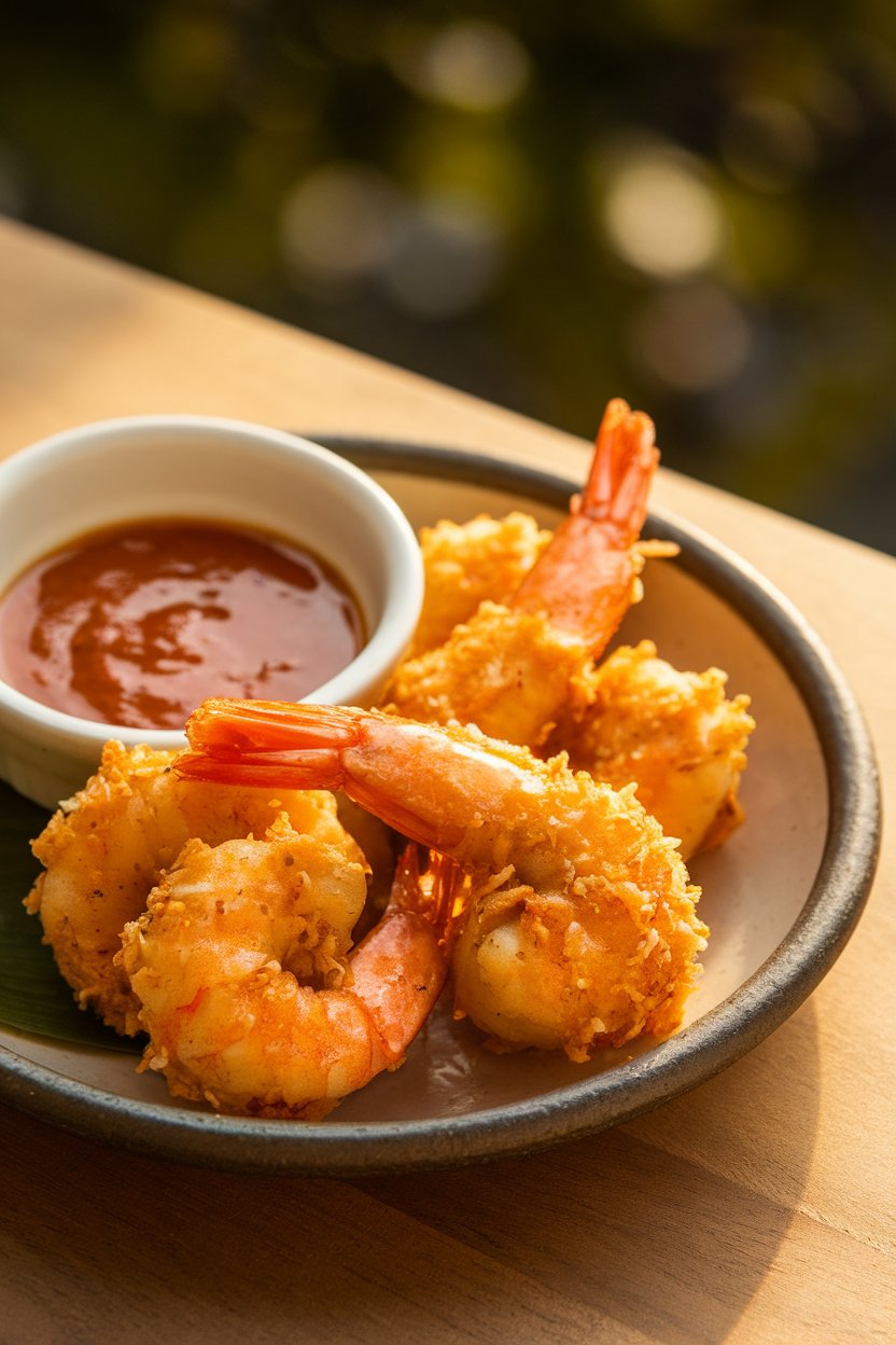 Indoor photo of golden coconut-breaded shrimp with a side of sweet chili dipping sauce on a ceramic plate. No text or logos. Cooked shrimp only.