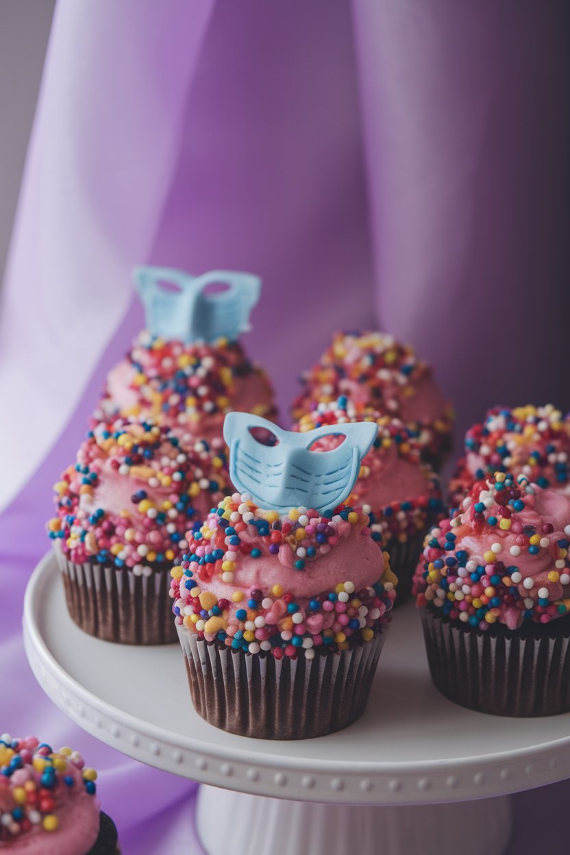 Indoor photo of sprinkle-packed cupcakes with a small fondant mask decoration, purple backdrop, no text or logos