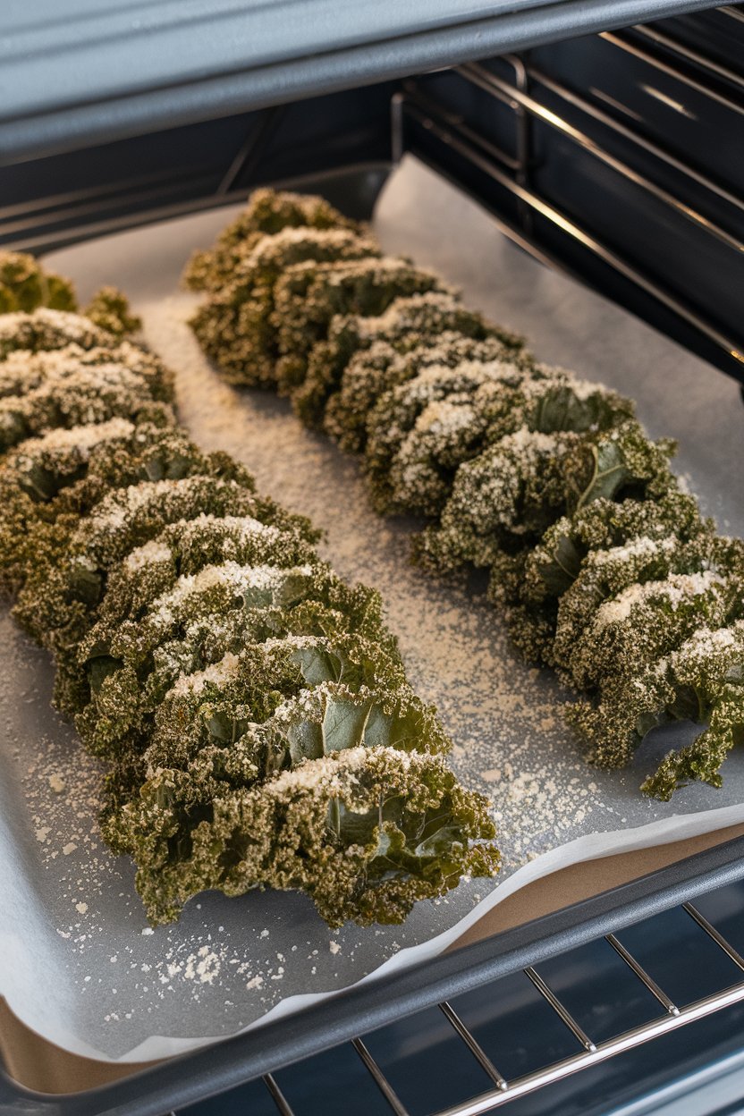 An indoor oven tray lined with crispy kale chips dusted with grated parmesan; no text or logos.