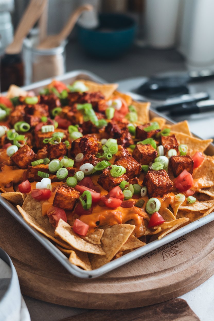 Sheet pan indoors featuring nachos with spicy gochujang-glazed tofu cubes and melted vegan cheese; no text or logos, photo not illustration.