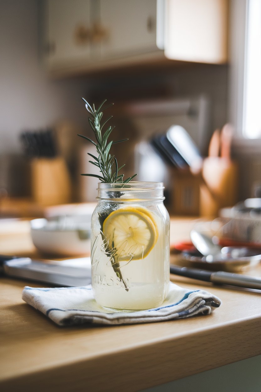 Indoor kitchen counter showing a mason jar of pale yellow fizzy drink, rosemary sprig and lemon wheel inside, no text or logos, photo